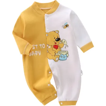 Kojenecký overall Bíložlutý dětský overal pro novorozence 2023 Bavlněné body s dlouhým rukávem a potiskem medvěda Výstřih do V Zapínání na patenty Kojenecké oblečení 0-3 měsíce