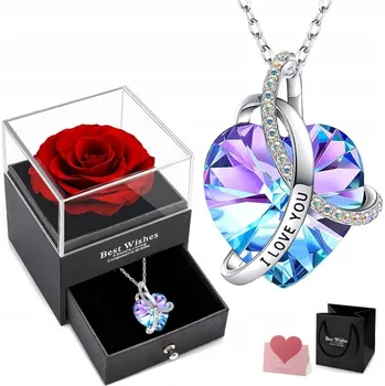 Náhrdelník Srebrny NASZYJNIK DIAMENTOWANY Serce Dárek Dárek ke DNI ŽEN + STABILIZOVANÁ RŮŽE