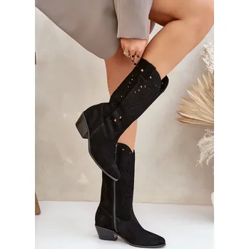 Dámské kozačky Semišové Kozačky S Vyřezávaným Zvrškem Zazoo 3609 Barva: Černá, Velikost: 41