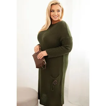 Dámský svetr Svetrové oversize šaty s kapsami model PLS02 barva khaki