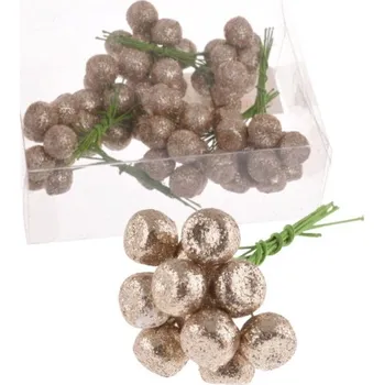 umělá květina Přízdoba Kuličky na drátku 1,5cm, 72ks, champagne s glitry
