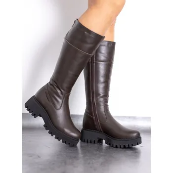 Dámské kozačky Dámské kožené kozačky na silné podrážce – GRASSO čoko, VELIKOST 39