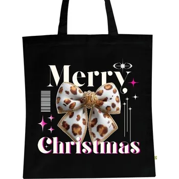 BIO plátěná taška s potiskem Merry Christmas s mašlí s leopardím vzorem