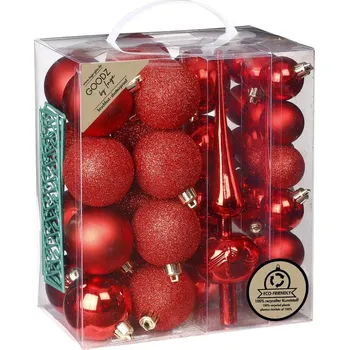 Vánoční dekorace Sada vánočních baněk s vánoční špičkou, červená, plast, 39 ks