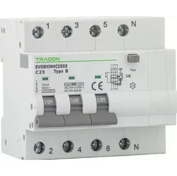 Proudový chránič Tracon EVOBKM4C1303 Kombinovaný proudový chránič 4P, 5 mod, char. C, C13A, 30 mA, 6kA, B (Tracon EVOBKM4C1303)