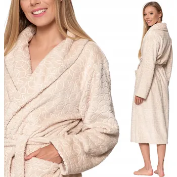 Dámský župan Dámský župan teplý dlouhý MORAJ na zavazování s kapsami pohodlný béžový XL