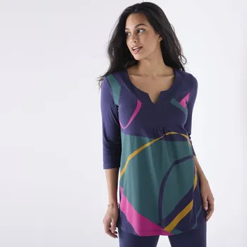 Dámské tričko Tunika s ozdobným výstřihem a 3/4 rukávy, grafický potisk nám.modrá/zelená 54