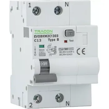 Proudový chránič Tracon EVOBKM2C2003 Kombinovaný proudový chránič, 3 moduly, Char. C, 2 pól, C20A, 30 mA, 6kA, B (Tracon EVOBKM2C2003)