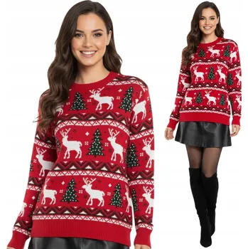 Podprsenka VÁNOČNÍ SVETR DÁMSKÝ ČERVENÝ SOBY STROMEČKY NORSKÝ VZOR VÁNOČNÍ S
