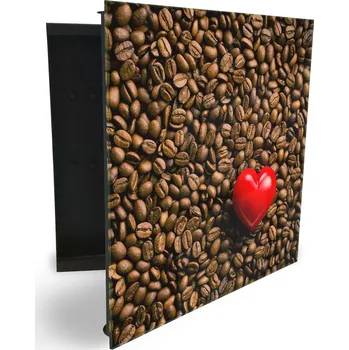 Skříňka na klíč Glasdekor skříňka na klíče - zrna kávy a červené srdce Otevírání: Levé, Barva skříňky: Bílá