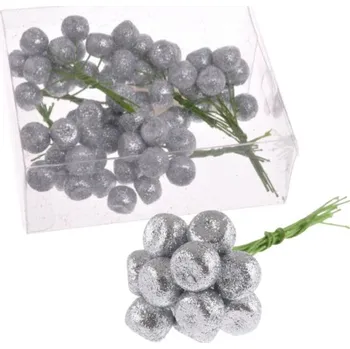 Vánoce Přízdoba Kuličky na drátku 1,5cm, 72ks, stříbrné s glitry