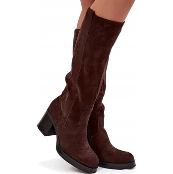 Dámské kozačky KOZAČKY Z EKO SEMIŠE NA MASIVNÍM PODPATKU ZATEPLENÉ ZIP ČOKOLÁDOVÉ 41