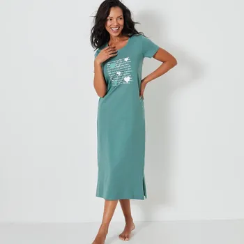 Dámská noční košile Blancheporte Dlouhá noční košile s krátkými rukávy a potiskem srdcí khaki 56