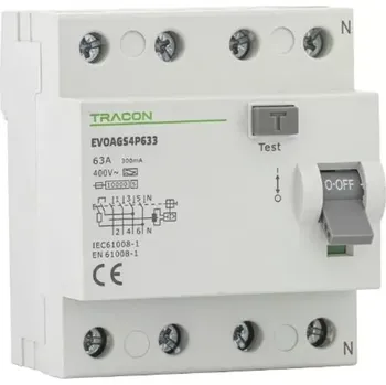 Proudový chránič Tracon EVOAGS4P633 Proudový chránič, 4 pól, 63A, 300mA, 10kA, A/S (Tracon EVOAGS4P633)