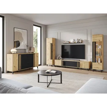 Obývací stěna Sestava do obývacího pokoje POULSBO 4 - dub artisan / černá grafitová + LED osvětlení ZDARMA