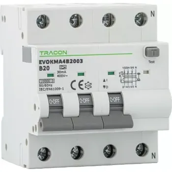 Proudový chránič Tracon EVOKMA4D1603 Kombinovaný proudový chránič 4P, 4 mod, char. D, D16A, 30 mA, 10kA, A (Tracon EVOKMA4D1603)