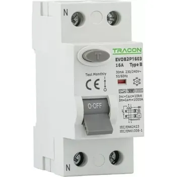 Proudový chránič Tracon EVOB2P2503 Proudový chránič, 2 pól, 25A, 30mA, 10kA, B (Tracon EVOB2P2503)