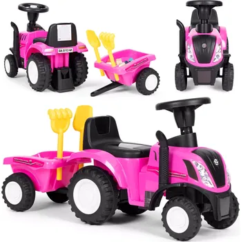 Odrážedlo Odrážedlo traktor s vozíkem pro děti, interaktivní volant a zvuky NEW HOLLAND – Růžová