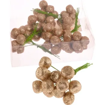 Vánoční dekorace Přízdoba Kuličky na drátku 1,5cm, 72ks, zlaté s glitry