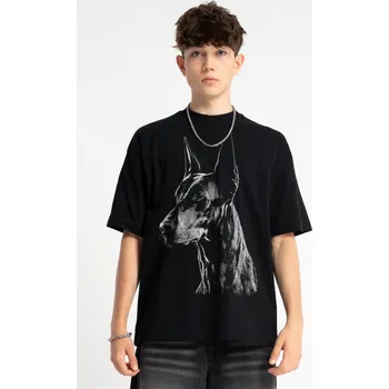 Reporter Young | Chlapecké černé tričko OVERSIZE s potiskem dobermana na přední straně - Barva ČERNÁ, Velikost 152 253-0440B-77-100-1