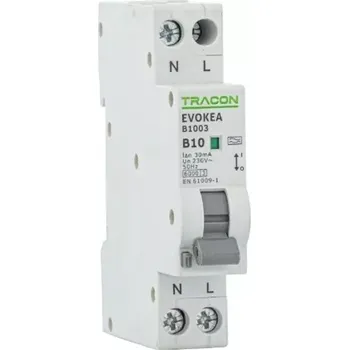 Proudový chránič Tracon EVOKEAB4003 Kombinovaný proudový chránič elektro., 2P, 1 mod., char. B, B40, 30mA, 6kA, A (Tracon EVOKEAB4003)