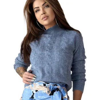 Dámský svetr Módní teplý dámský svetr krátký crop rolák copánkový vzor modrý XL