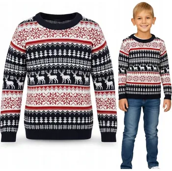 Dívčí svetr DĚTSKÝ VÁNOČNÍ SVETR TMAVĚ MODRÝ A ČERVENÝ NORSKÝ VZOR SOB 4/5 LET