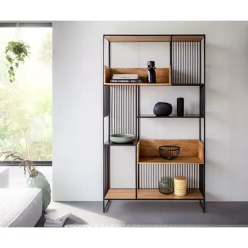 Knihovna Knihovna Lukeo 115x200 cm akácie přírodní kov černá