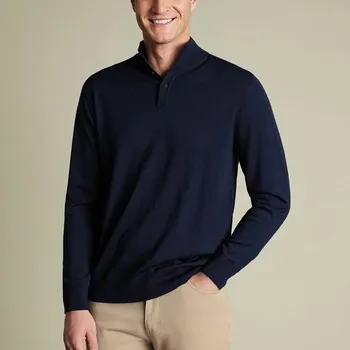 Pánský svetr Charles Tyrwhitt Pure Merino Button Neck Jumper — Navy