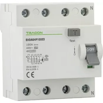 Proudový chránič Tracon EVOAG4P8003 Proudový chránič, 4 pól, 80A, 30mA, 10kA, A (Tracon EVOAG4P8003)