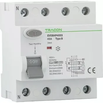 Proudový chránič Tracon EVOB4P4003 Proudový chránič, 4 pól, 40A, 30mA, 10kA, B (Tracon EVOB4P4003)