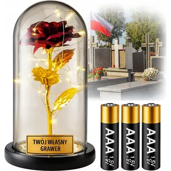 Svíčka HŘBITOVNÍ SVÍČKA LED SVÍTILNA JAKO SOLÁRNÍ, VĚČNÁ RŮŽE VE SKLE NA HROB + GRAVÍROVÁNÍ