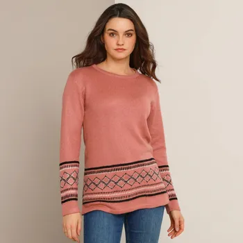 Dámský svetr Dlouhý pulovr s etno vzorem šedorůžová 42/44