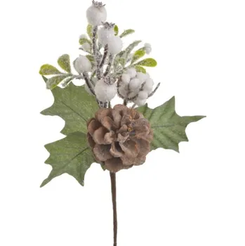 umělá květina Přízdoba Větvička 20cm zasněžená s šiškou a bobulemi