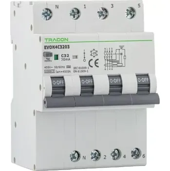 Proudový chránič Tracon EVOK4C4003 Kombinovaný proudový chránič, 4 moduly, Char. C, 4 pól, C40A, 30 mA, 10kA, A (Tracon EVOK4C4003)