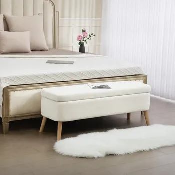 Čalouněná lavice s dřevěnými nohami | krémově bílá