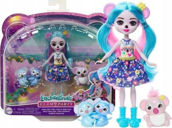 Muñeca Enchantimals Glam Party Karalee Koala Con Mascotas Y Hermanitos, Incluye Falda Intercambiable, Para Niños +4 Años, De Mattel