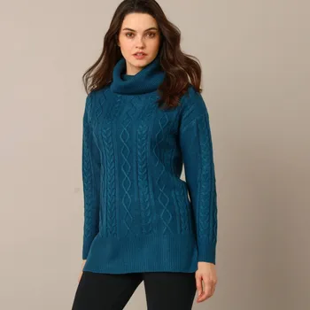 Dámský svetr Dlouhý rolák s copánkovým vzorem paví modrá 54