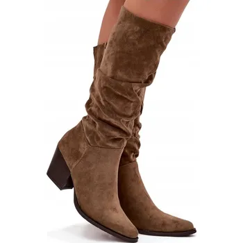 Dámská obuv DÁMSKÉ KOZAČKY Z EKO SEMIŠE S ŘASENÝM SVRŠEK NA ZIP ZATEPLENÉ ZELENÉ 39