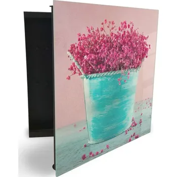 Skříňka na klíč Glasdekor skříňka na klíče - růžový vřes a tyrkysový květináč Otevírání: Pravé, Barva skříňky: Černá