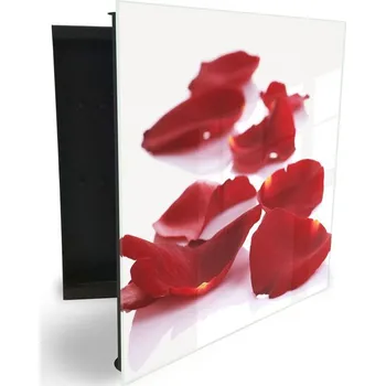 Skříňka na klíč Glasdekor skříňka na klíče - okvětní lístky červené růže Otevírání: Pravé, Barva skříňky: Bílá