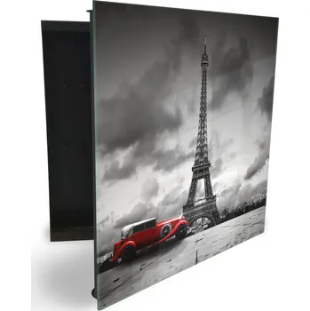 Skříňka na klíč Glasdekor skříňka na klíče - Paříž Eiffelová věž a červené auto Otevírání: Levé, Barva skříňky: Bílá