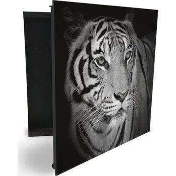 Skříňka na klíč Glasdekor skříňka na klíče - hlava černobílý tygr Otevírání: Pravé, Barva skříňky: Bílá