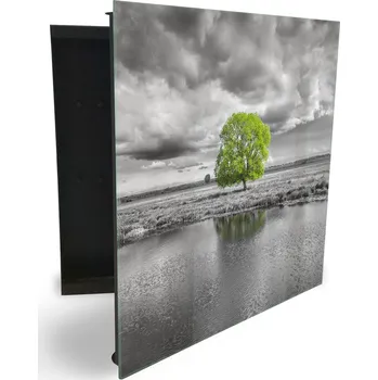 Skříňka na klíč Glasdekor skříňka na klíče - šedá krajina a detail zelený strom Otevírání: Levé, Barva skříňky: Bílá