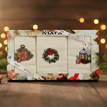 Utěrka Utěrka DEKOR VÁNOCE 26 vaflová vyšívaná, dárkové balení, věneček a lucerny, smetanová 3 kusy 50x70cm