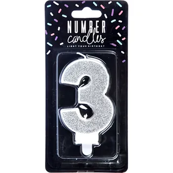 Svíčka PartyDeco Svíčka číslice "3" stříbrná 7cm