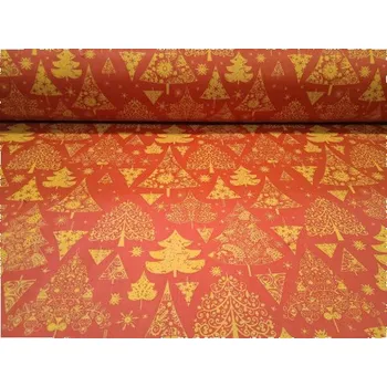 Plátno bavlněné, vánoční stromečky na červené, metráž, látky