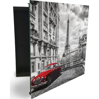 Skříňka na klíč Glasdekor skříňka na klíče - červené auto a Eiffelová věž v Paříž Otevírání: Pravé, Barva skříňky: Bílá