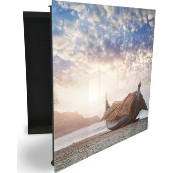 Skříňka na klíč Glasdekor skříňka na klíče - zakrytá loďka rákosím u moře Otevírání: Levé, Barva skříňky: Černá