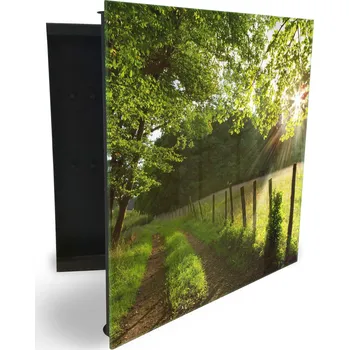 Skříňka na klíč Glasdekor skříňka na klíče - les se slunečními paprsky a cestou Otevírání: Pravé, Barva skříňky: Bílá